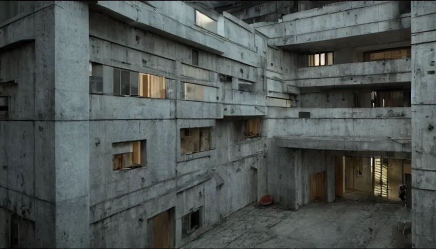 Prompt: brutalist house, cinematic shot, by greig fraser, by emmanuel lubezki, robert richardson, hoyte van hoytema, roger deankins, janusz kaminski, alejandro inarritu