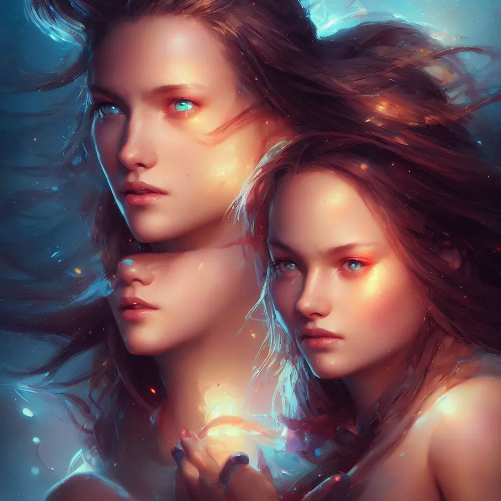 Image similar to beautiful girl portrait by greg rutkowski and charlie bowater, vivid, artgerm, aesthetic, fine details, colorful swirls, gaudy colors, luminescent, organic matte painting, realistic eyes, masterpiece, busy background, bokeh, depth of field