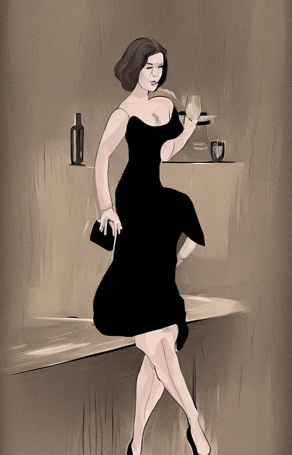 Prompt: a woman wearing a black dress, sitting at a bar, digital art, illustration