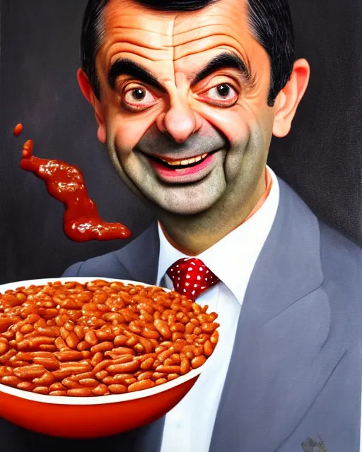 Image similar to portrait of mr bean smiling in a bowl full of baked beans, face covered in beans and tomato sauce, rowan atkinson, mr bean face, oil painting, highly detailed