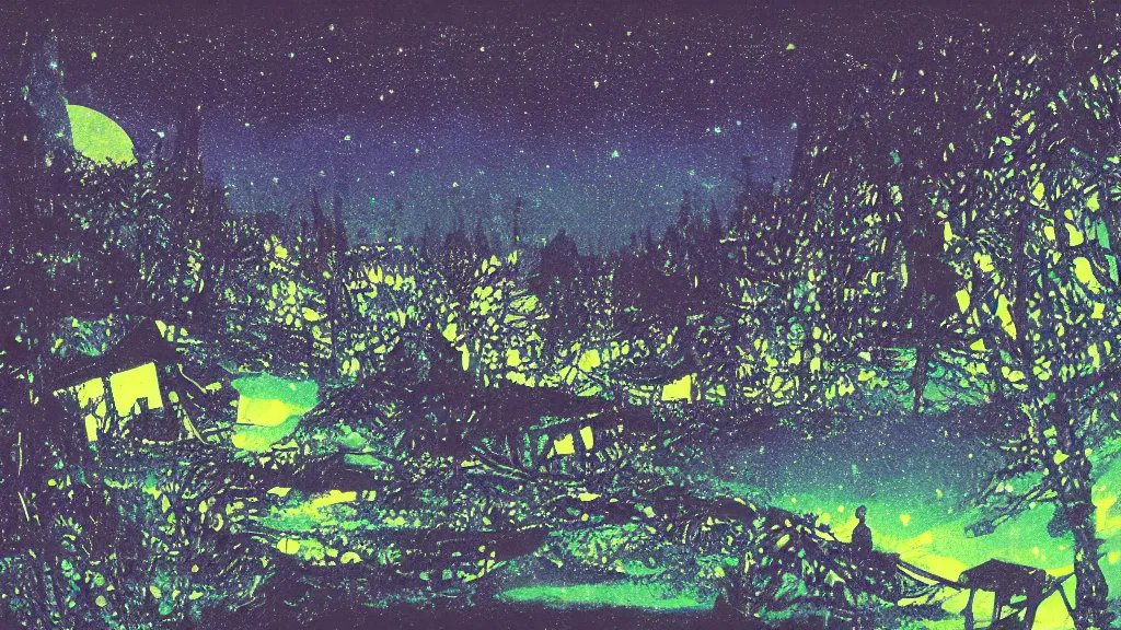 Image similar to a night sky, dark enclosed, winding hillside path!!!!!!, cozy, campfire, ((((aurora)))), quiet forest night scene, spangle, starlight 4k haunted psychedelic VHS glitch mixed media in the style of Hiroshi Yoshida and bill sienkiewicz