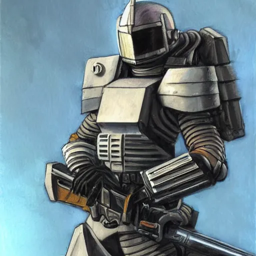 Prompt: a space fantasy soldier in powered armor holding a weapon in the style of Ralph McQuarrie/Syd Mead/John Berkey detailed realistic