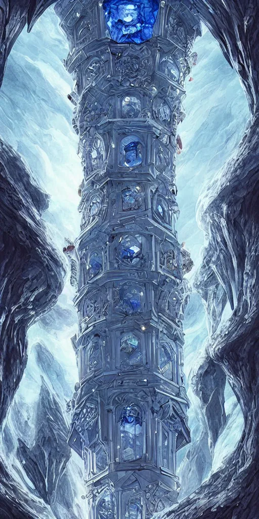 Prompt: an detailed beautiful tower built inside of a giant sapphire geode, sharp contrast, fantasy, digital painting, stunning, intricate, highly detailed, artwork by ross tran, artgerm