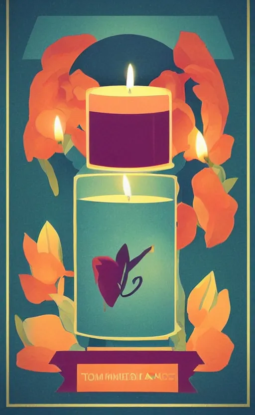 Prompt: illustration with a set of beautiful scented candles, close - up photo in cozy interior, candle lighting, glowing, pinterest, an art deco painting by tom whalen, trending on behance, art deco, digital illustration, storybook illustration, grainy texture, flat shading, vector art, airbrush, pastel, watercolor, poster