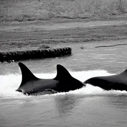 Image similar to orcas playing on a slip and slide in the suburbs, 35mm photo from 1996