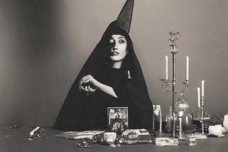 Prompt: polaroid 1 9 8 0's photo, close up portrait, dramatic lighting, concentration, calm confident teen witch and her cat with tarot card on the table in front of her, incense smoke fills the air, a witch hat and cape, apothecary shelves in the background, still from harry potter