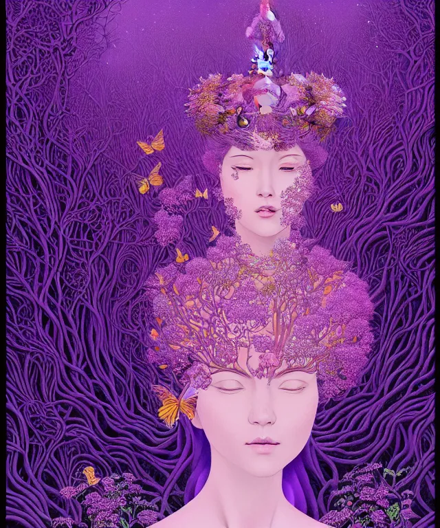 Image similar to ultra detailed, magical realism, portrait painting, of the beautiful empress within the enchanted purple forest, glowing purple, volumetric lighting, depth of field, illusion, intricate details, by victo ngai