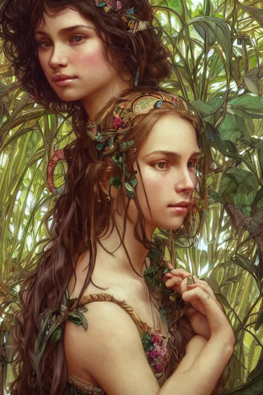 Image similar to ultra realistic illustration, bohemian girl in jungle, staring directly into camera, intricate, elegant, highly detailed, digital painting, artstation, concept art, smooth, sharp focus, illustration, art by artgerm and greg rutkowski and alphonse mucha