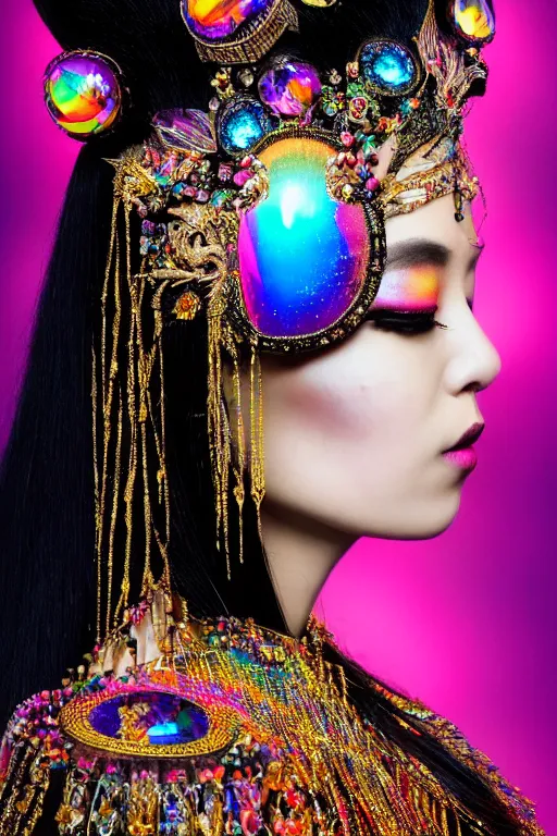 Image similar to a singular beautiful empress dramatic portrait, black hair, with a brilliant, impossible striking shiny big multi colored crystal headpiece, symmetrical, reflective surface, rainbow crystal clothes, rococo, baroque, jewels, asian, realistic, dramatic studio lighting, closeup, D&D, fantasy, intricate, elegant, highly detailed, digital painting, artstation, octane render, 8k, concept art, matte, sharp focus, illustration, art by Artgerm and Greg Rutkowski and Alphonse Mucha