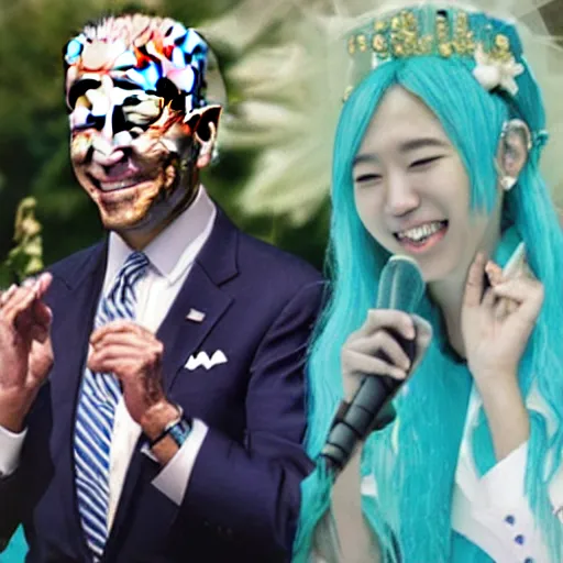 Image similar to joe biden hatsune miku wedding archival photograph news photograph colorized