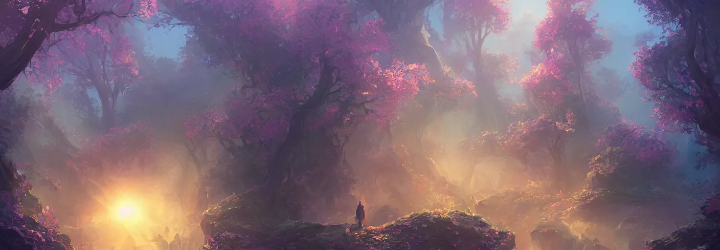 Image similar to A realm of whispers and mysteries, intricate, elegant, fantasy, highly detailed, digital painting, concept art, sharp focus, illustration, beautiful volumetric lighting, epic light, artstation, magic hour lighting, colorful, sunshine, springtime, by Sylvain Sarrailh