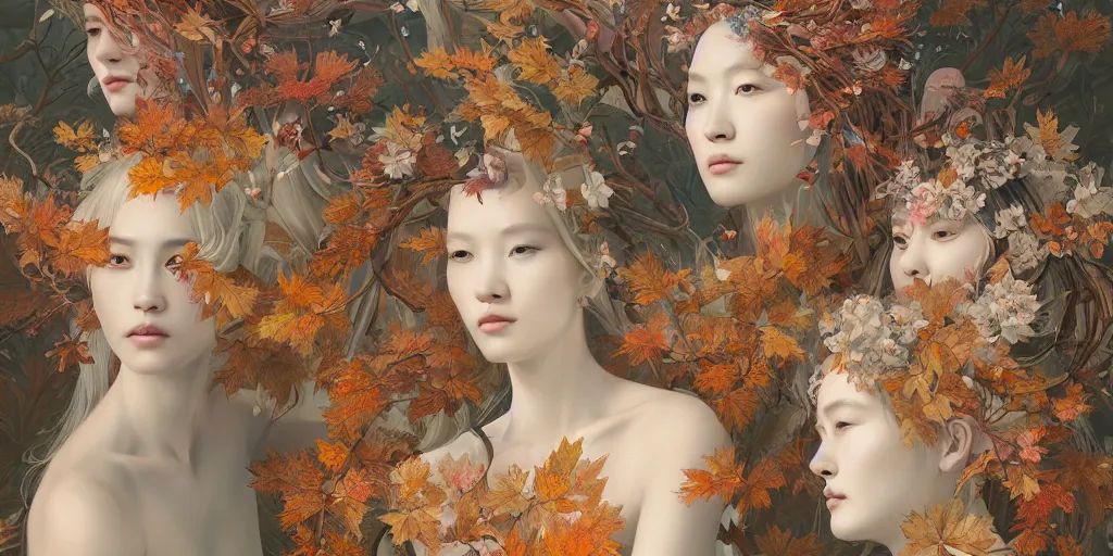 Prompt: breathtaking detailed concept art painting pattern of blonde faces goddesses amalgamation autumn leaves with anxious piercing eyes and blend of flowers and birds, by hsiao - ron cheng and john james audubon, bizarre compositions, exquisite detail, extremely moody lighting, 8 k