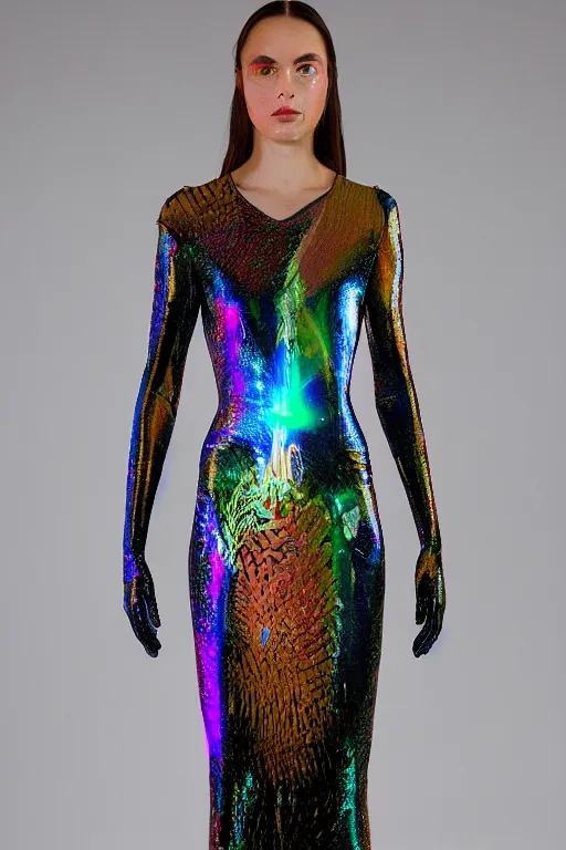Prompt: holographic crystal atlantean hyperborean avant garde fashion dress beautiful model, sharp focus