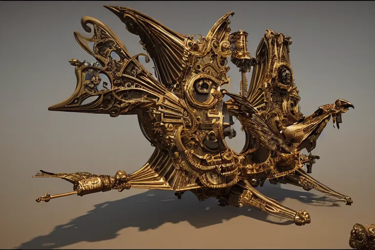 Image similar to Gigantic luxury baroque steampunk birdshaped spaceship made of bone, rendered in unreal engine 5, cryengine, arnold and zbrush, epic lighting