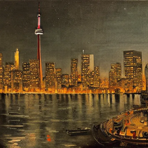 Prompt: toronto at night, painting by diego velazquez, very detailed