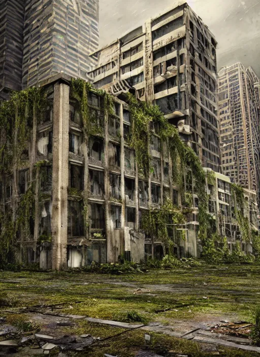 Image similar to a post - apocalyptic chicago, collasped buildings, a dark forest, vines and moss growing over buildings, abandoned aparment buildings, grunge, hyper real, cinematic photo, octane render, insanely detailed, 8 k