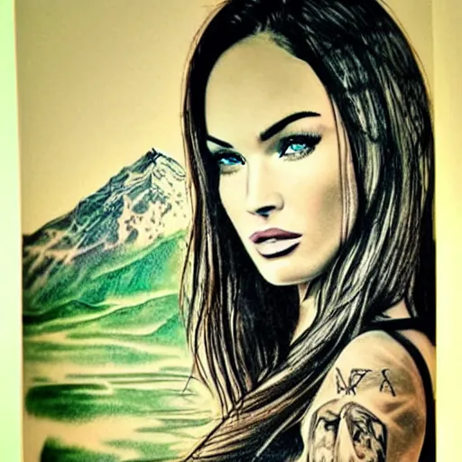 Image similar to double exposure tattoo sketch of megan fox with beautiful mountain scenery, hyper - realistic, in the style of den yakovelev, amazing detail, sharp