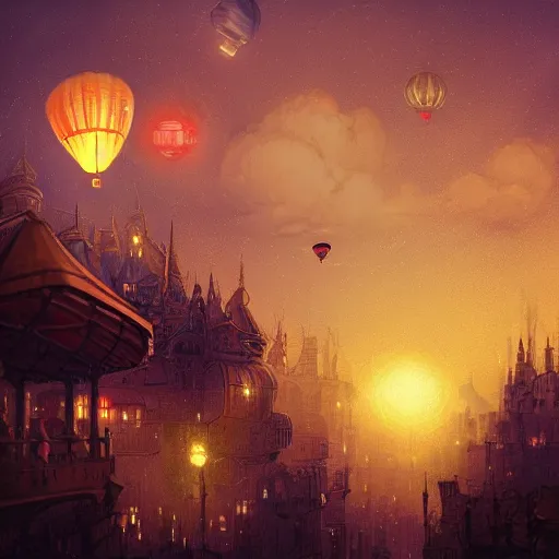 Prompt: a beautiful stunning fantasy whimsical matte digital illustration of a hot - air balloon race over a city at night by marc simonetti, pastel color palette, disney steampunk, chiaroscuro magical bokeh moon stars, trending on artstation hq, masterpiece