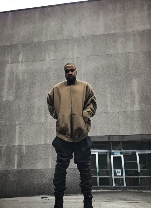 Image similar to Kanye West standing in front of the building of Huta Katowice, iPhone photo