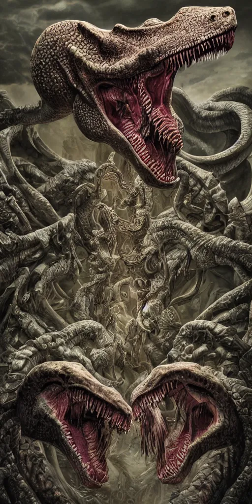 Prompt: Dinosaur vs medusa gorgon, realistic, detailed, highly detailed, hyper detailed, high definition, beautiful composition, trending on artstation, award-winning photograph, masterpiece, intricate, portrait, 8k highly professionally detailed, HDR, CGsociety