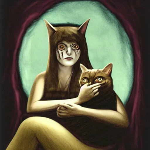 Prompt: it features a woman sitting with a cat on her lap. the woman is a bit spooky looking... her eyes glow with an unearthly light. indeed, she is nearly demonic.