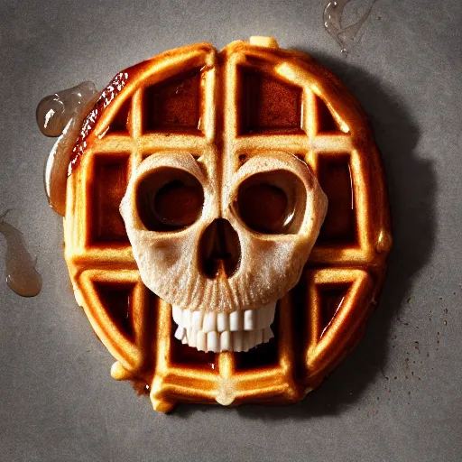 Image similar to photo of a delicious tasty waffle in the shape of a skull, syrup, food photography, 8 k high definition, insanely detailed, intricate