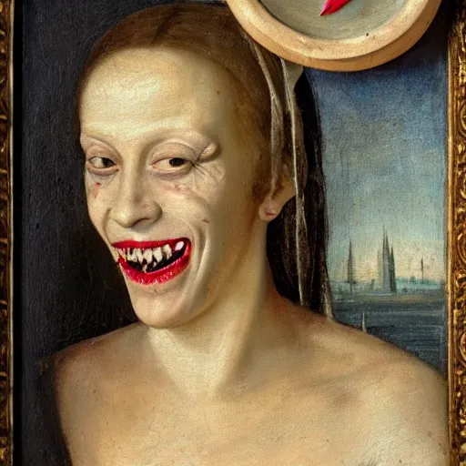 Image similar to an oil painting of an extremely ugly pale vampire woman smiling with skin condition in expensive renaissance dress, Renaissance painting, Renaissance Port City background, vampire teeth, 1450, holding paper fan