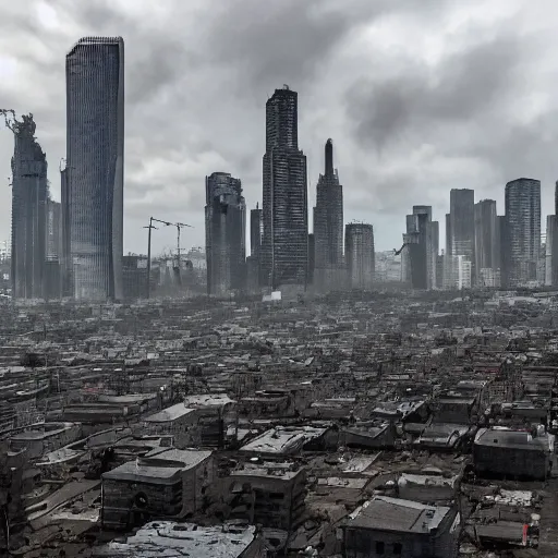 Image similar to apocalyptic city, buildings covered in black liquid rubber