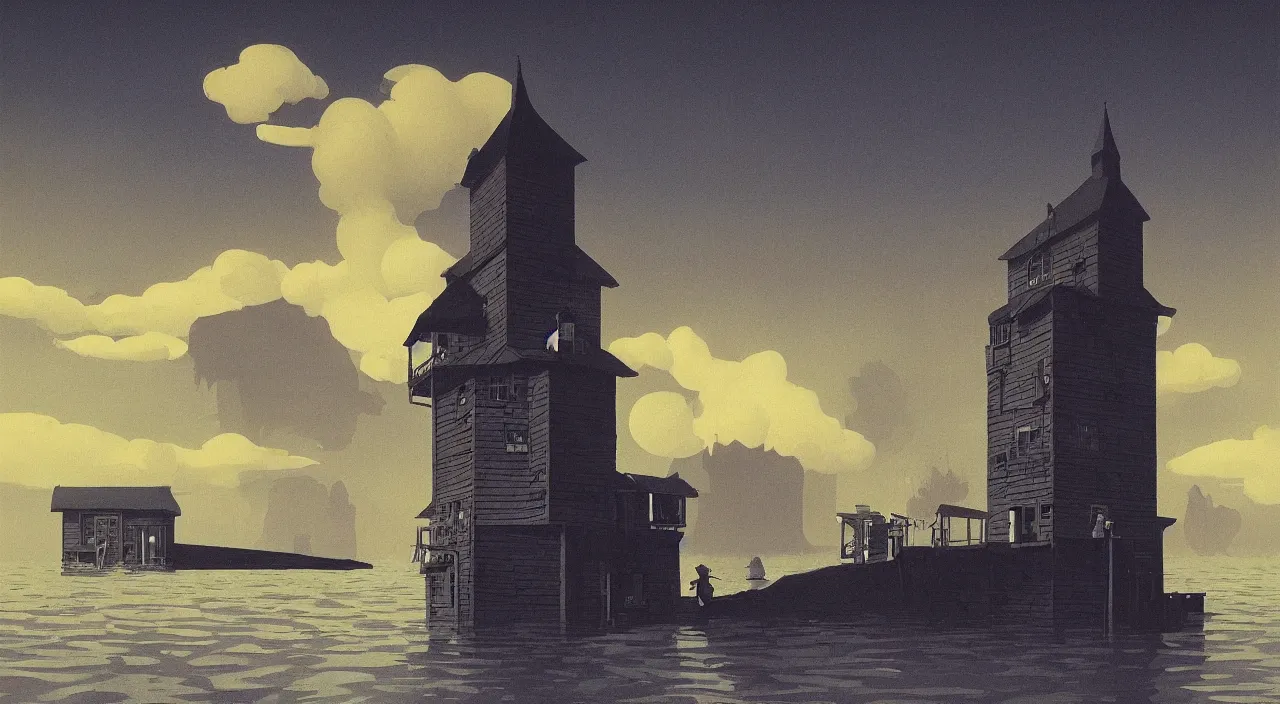 Image similar to single flooded simple black wooden tower, very coherent and colorful high contrast!! masterpiece by rene magritte simon stalenhag carl spitzweg syd mead norman rockwell edward hopper james gilleard, minimalist, dark shadows, sunny day, hard lighting