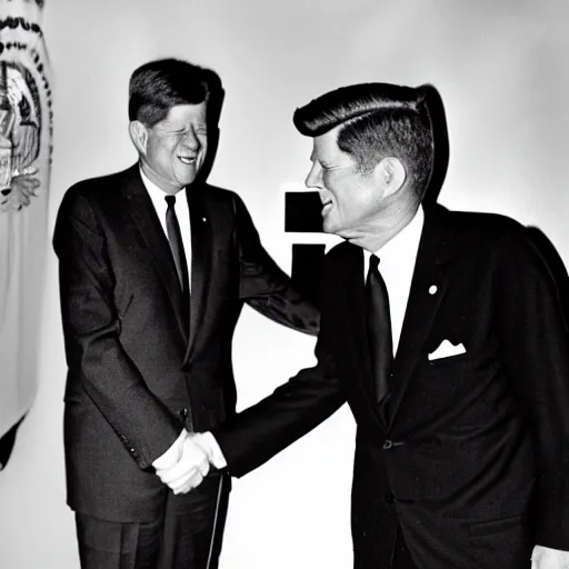 Image similar to black and white photo of president kennedy shaking hands with an alien