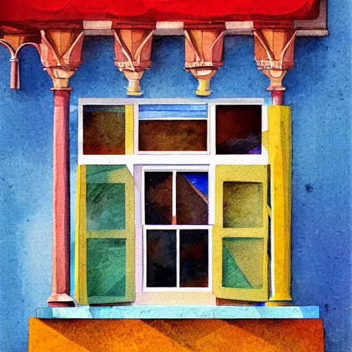 Image similar to a painting beautiful window open front view, digital illustration, colorful architectural drawing, watercolor painting, behance contest winner, vintage, native art, trend in behance hd, 2 d game art, detailed painting