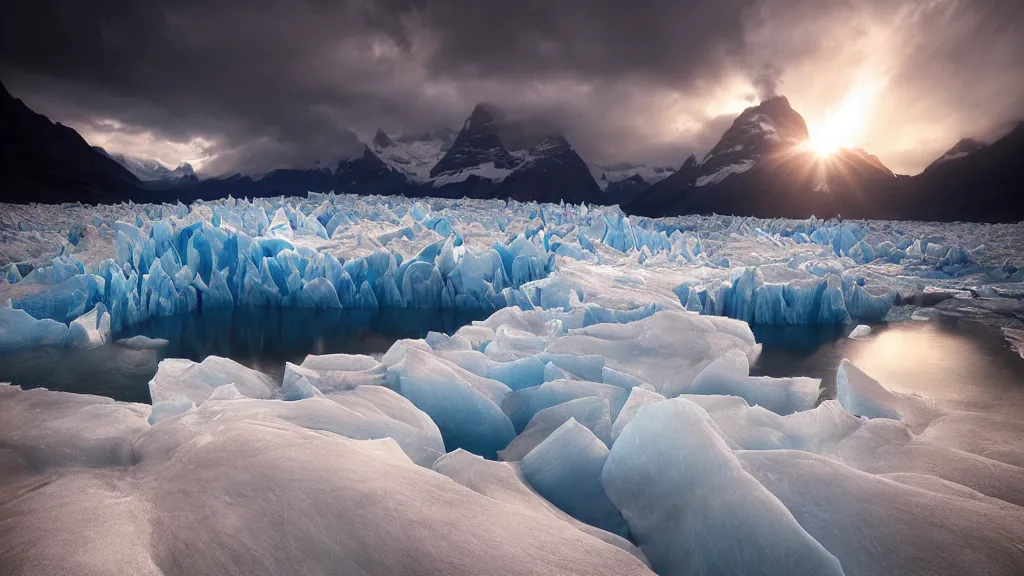 Image similar to amazing landscape photo of a glacier by marc adamus, beautiful dramatic lighting