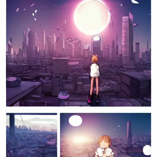Image similar to a 7 year old girl with cat ears, holding her hands together behind her back staring over a futuristic city from the top of a roof, wide shot, over the shoulder shot, highly coherent, saga comic, fiona staples