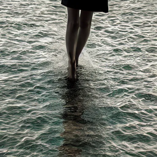 Prompt: women walk - in on water like photoshop cover, soft gradian color background, deep detailed photo, artistic view