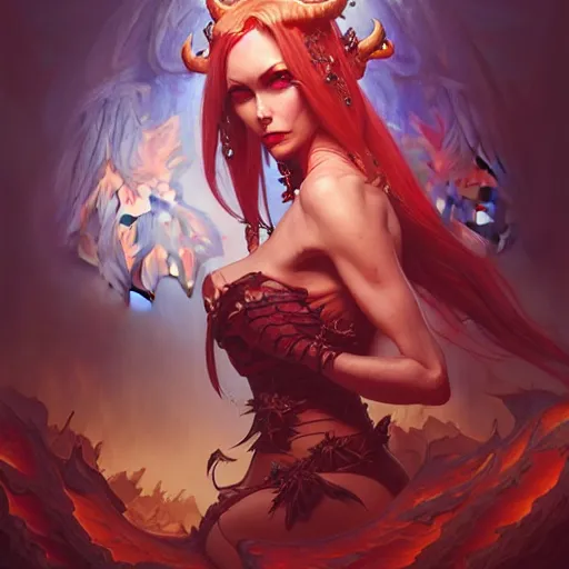 Prompt: demoness, female, d & d, fantasy, intricate, elegant, highly detailed, digital painting, artstation, octane render, concept art, matte, sharp focus, illustration, hearthstone, art by artgerm and jesper ejsing and alphonse mucha