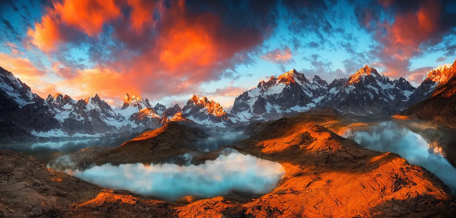 Image similar to amazing landscape photo of mountains with lake in sunset by marc adamus, beautiful dramatic lighting