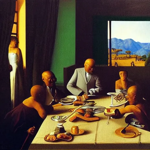 Image similar to the king of zimbabwe having imperial breakfast with his guest dignitaries by Raphael, Hopper, and Rene Magritte. detailed, romantic, enchanting, trending on artstation.