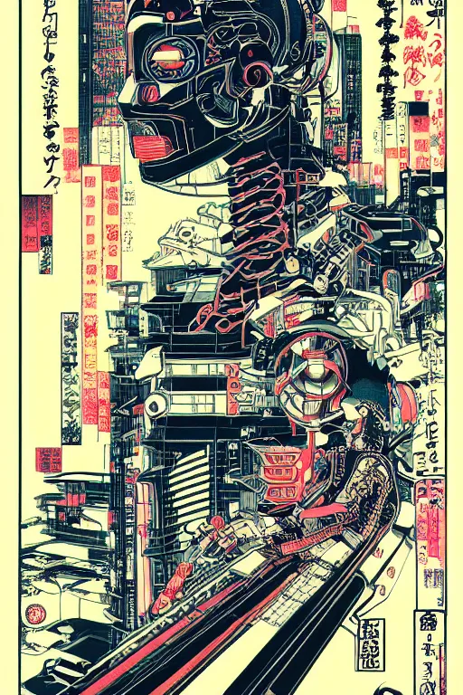 Image similar to futuristic japanese cyberpunk bladerunner silk screen by utagawa yoshiiku, ohara koson, pixiv contest winner, cyberpunk style, cyberpunk color scheme, mechanical, robotic, human machine interface, high resolution, hd, bold clear lines