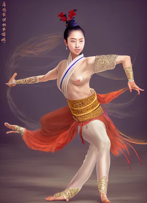 Prompt: a barefoot female dancer using a silk belt as weapon by wlop, wuxia, xianxia, barefoot, tanned skin, athletic, vivacious, absurdly beautiful, hanfu, fully clothed, chinese ribbon dance, silk belt, detailed, realistic, anatomically accurate, artstation, wlop, wang liang.