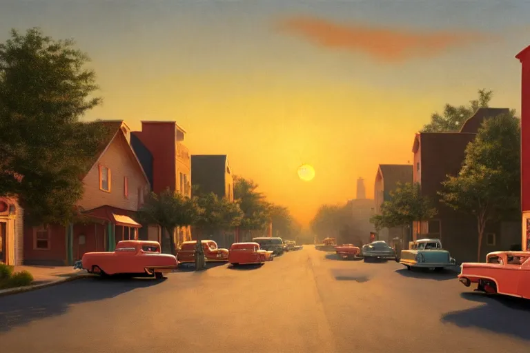 Image similar to a detailed cinematic render of a utopian 1 9 5 0 s american neighborhood at sunset by steven outram, photoreal, 4 k, technicolor