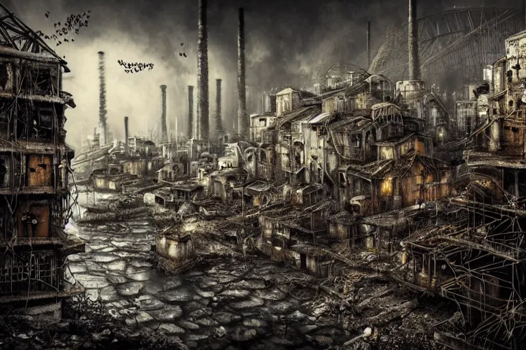 Prompt: elegance, gothic river favela honeybee hive, urban environment, industrial factory, apocalyptic, somber, award winning art, epic dreamlike fantasy landscape, ultra realistic,