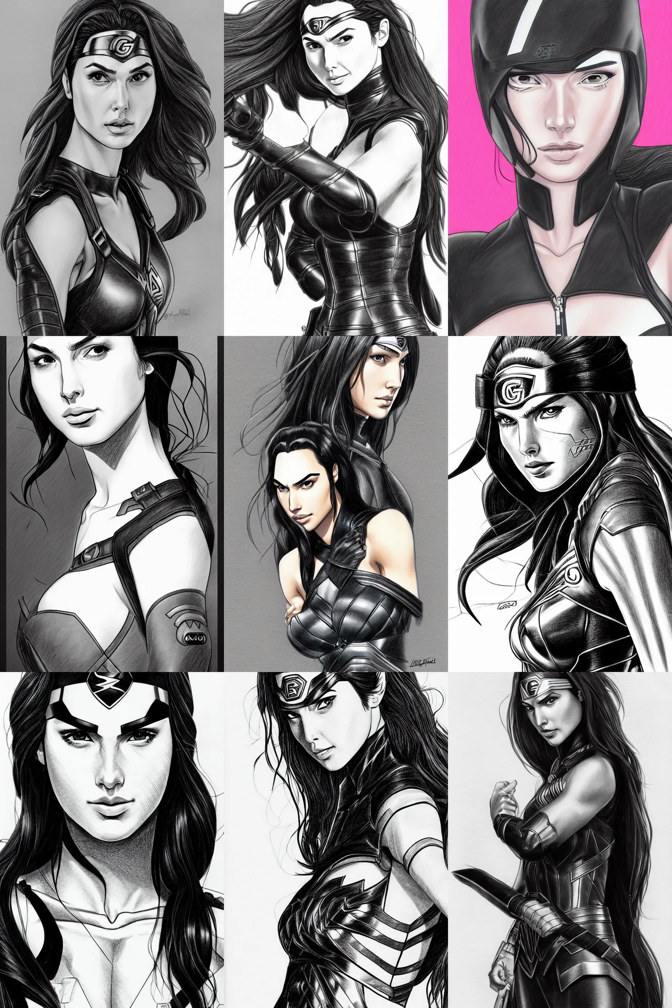 Prompt: detailed drawing of gal gadot portrait black leather by masashi kishimoto, trending on artstation, soft colors, fine art, high resolution, naruto manga