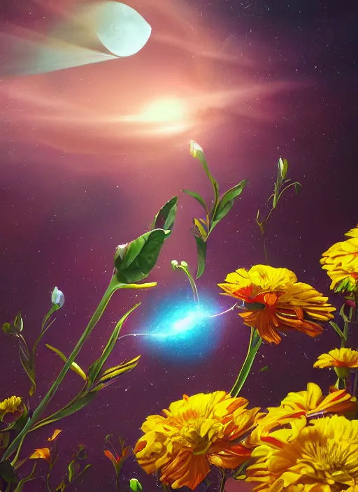 Image similar to An epic fantastic realism comic book style painting of the most beautiful flowers launched into space, bouquets, solar eclipse, fisheye, unreal 5, DAZ, hyperrealistic, octane render, dynamic lighting