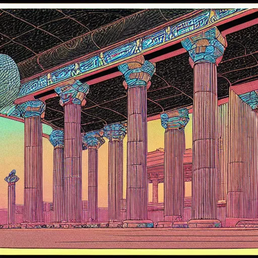 Image similar to Moebius illustrations of antic temple,