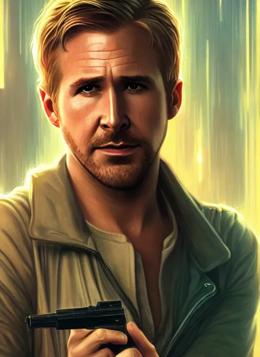 Prompt: portrait young Harrison Ford as Ryan Gosling from BladeRunner 2049, full length shot, shining, 8k highly detailed, sharp focus, illustration, art by artgerm, mucha, bouguereau