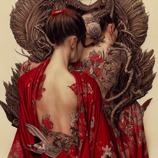 Image similar to ultra realistic illustration, beautiful woman dressed in red kimono, backview, tattoos, in the style of gerald brom by weta digital and beth cavener, high face symmetry, intricate, masterpiece, award winning, high face symmetry, intricate