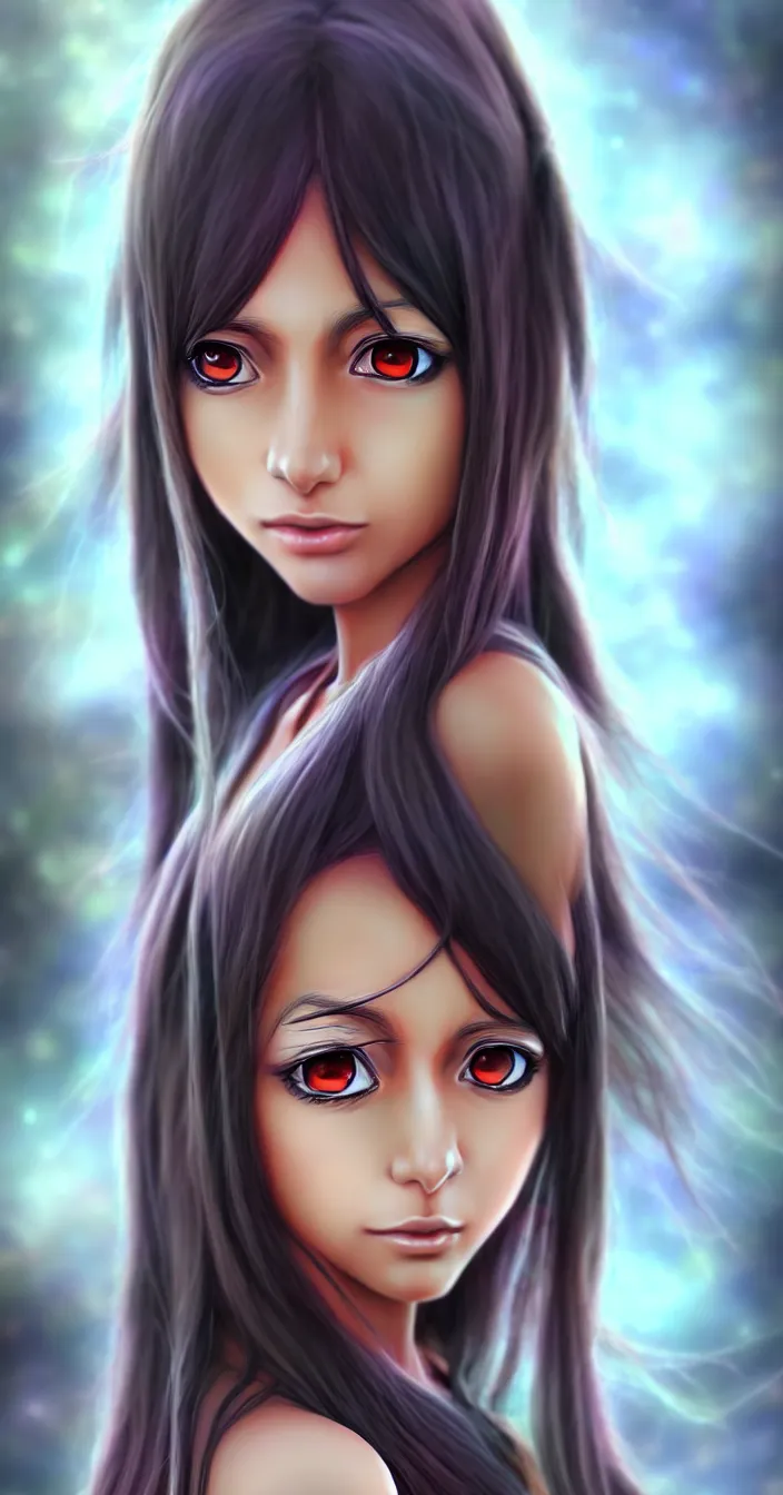 Prompt: realistic photo of anime character beautiful south asian girl, very sharp focus, in the style of greg rutswoski, very hyper realistic, highly detailed, fantasy art station