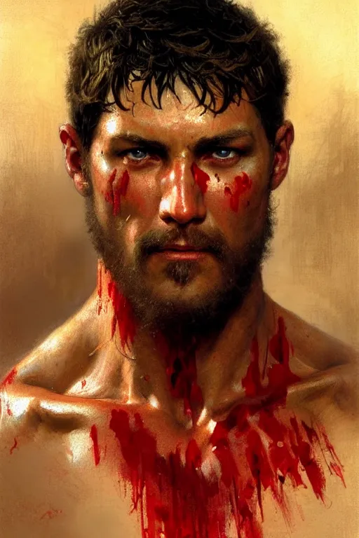 Image similar to Gladiator, blood, sweat, muscular, detailed face, correct face, painting by Gaston Bussiere, Craig Mullins