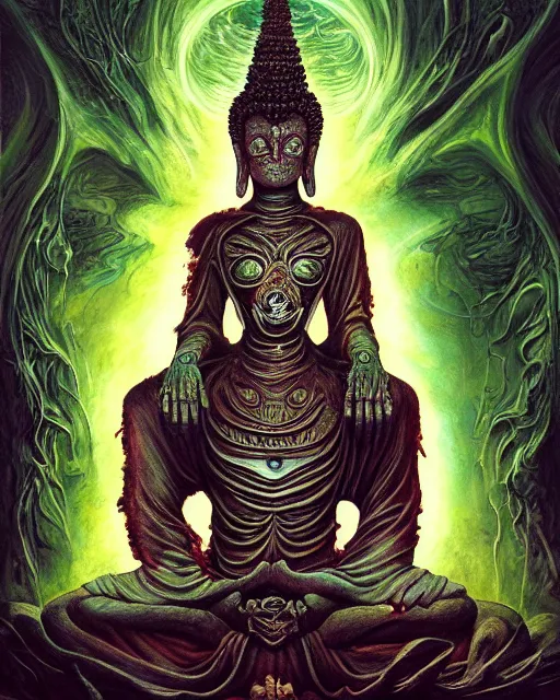 Prompt: fleshmetal buddha, by antonio j. manzanedo, giger, alex grey, android jones, wayne barlowe, philippe druillet, raymond swanland, cyril rolando, josephine wall, harumi hironaka, trending on artstation