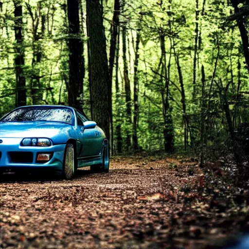 Image similar to an abandoned toyota supra mk 4 in the woods